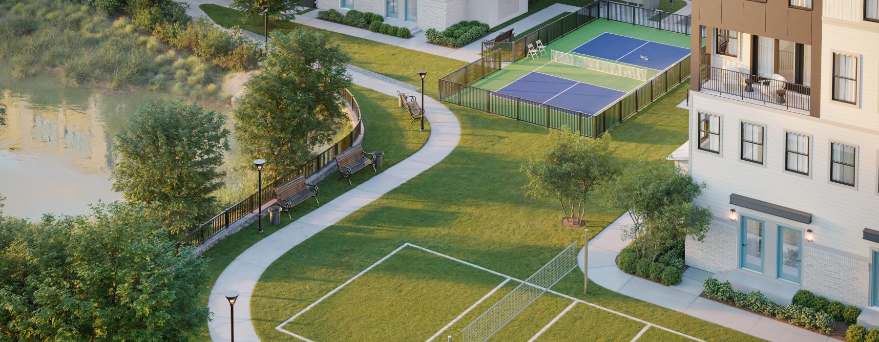 a pickleball court and volleyball in a neighborhood