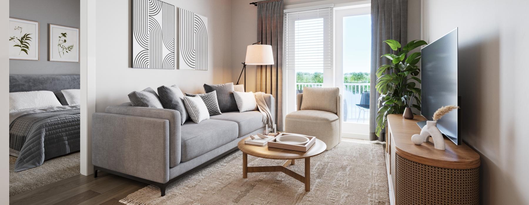 a living room with a couch and a table