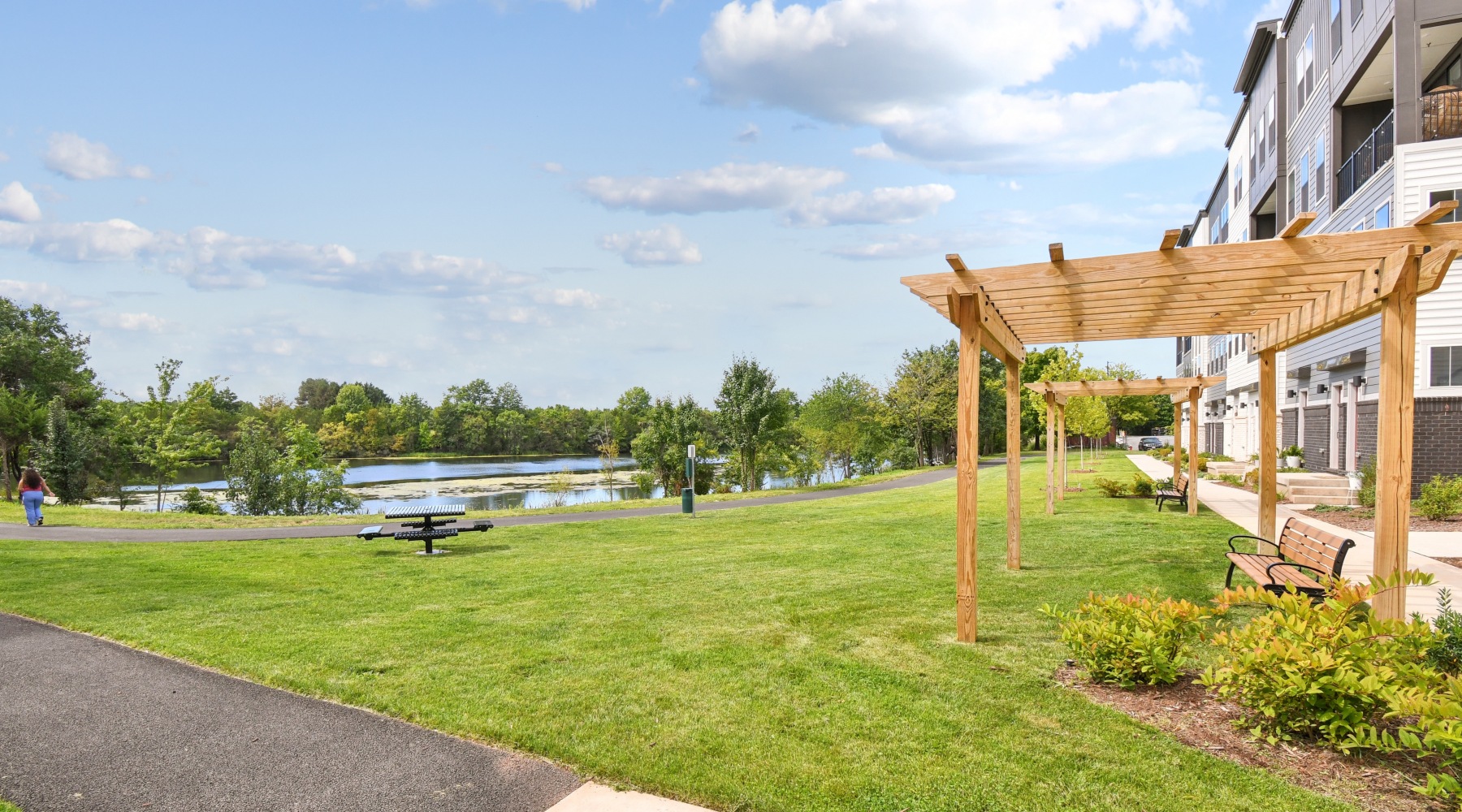 back green space with gazebo and trail