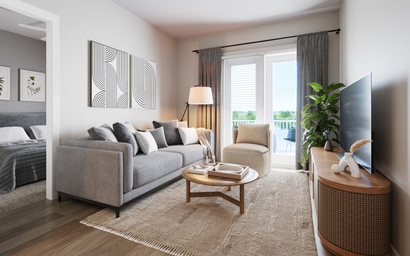 a living room with a couch and a table